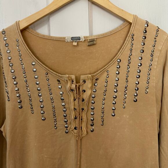 Gimmicks by BKE Corset Tie Front Top XL Womens Burnout Tan Y2K 90s Embellished - Picture 4 of 6